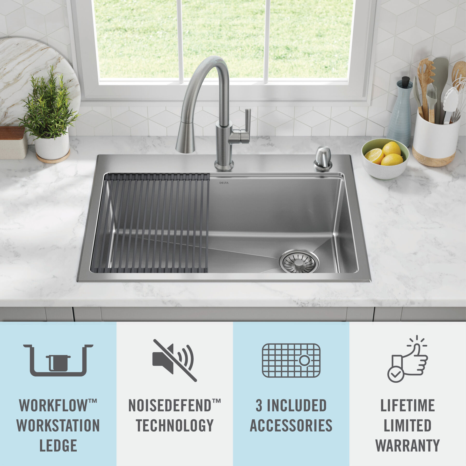 30” Stainless Steel Workstation Kitchen Sink Drop-In Undermount Single Bowl with WorkFlow™ Ledge and Accessories, image 16